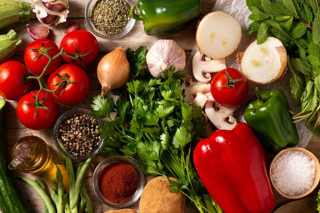 Background assortment of vegetables herbs and spices Top view