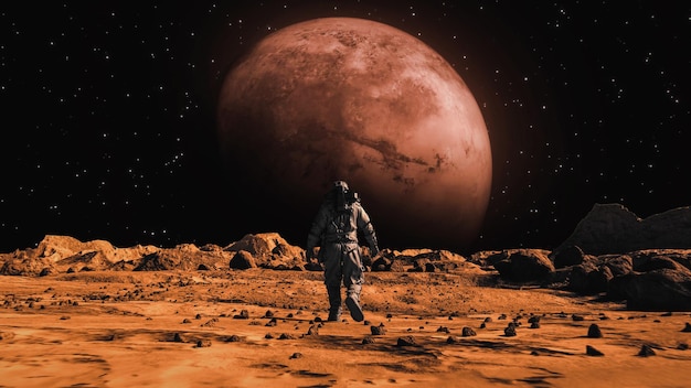 惑星を見ている火星の宇宙飛行士の背景