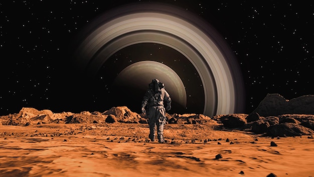 background of an astronaut on the mars looking at the planet
