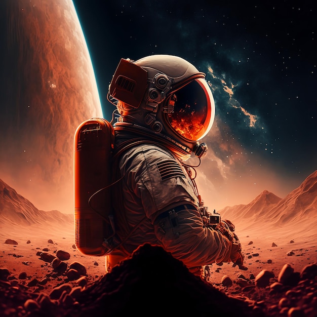 Фоновый астронавт в космосе с марсианским генеративным ИИ