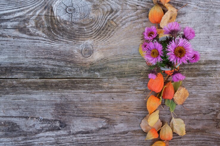 Background of autumn flowers, chrysanthemums, physalis, yellow leaves on old wooden Board