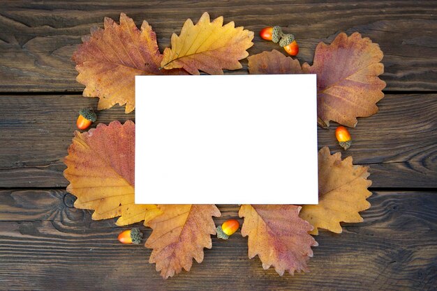 Background of autumn oak leaves and acorns on wooden boards with copy space White card for text Leaf texture wood texture