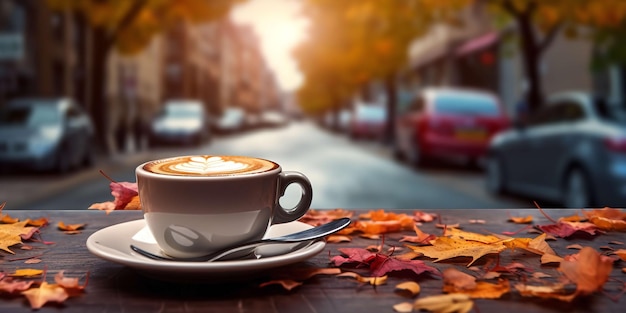 Background of an autumnal coffee shop with a lovely maple leaf Generative AI