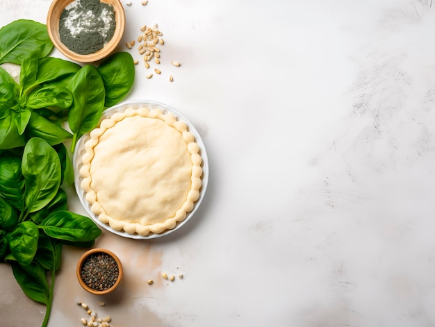 Foto sfondio per cucinare una torta con spezie di spinaci e un piatto su un tavolo bianco