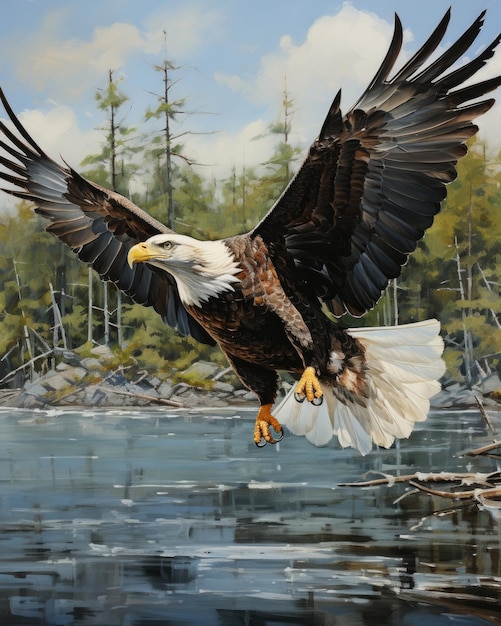 In the background a bald eagle soars over water and forest Generative AI