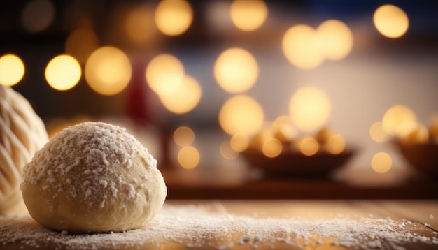 Background banner for a bakery place, empty wooden table for product display and bokeh background