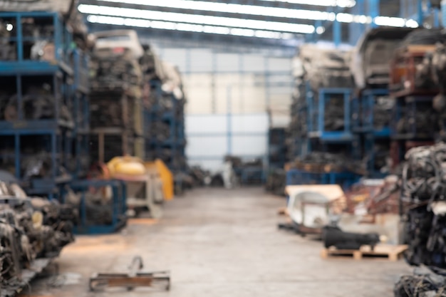 Background for banner design. Blur photo of Second-hand spare parts of old car parts warehouse store.