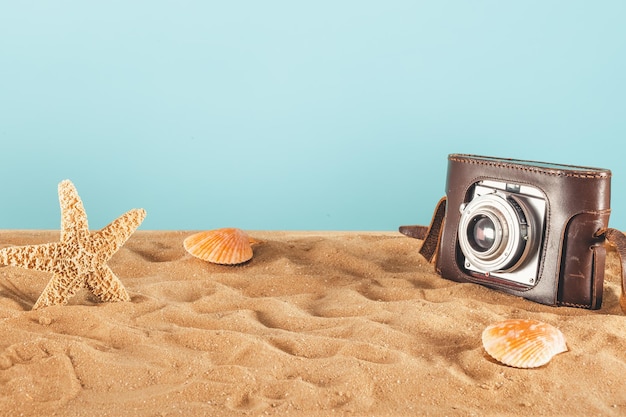 Background of beach with seashells starfish and a retro photo camera