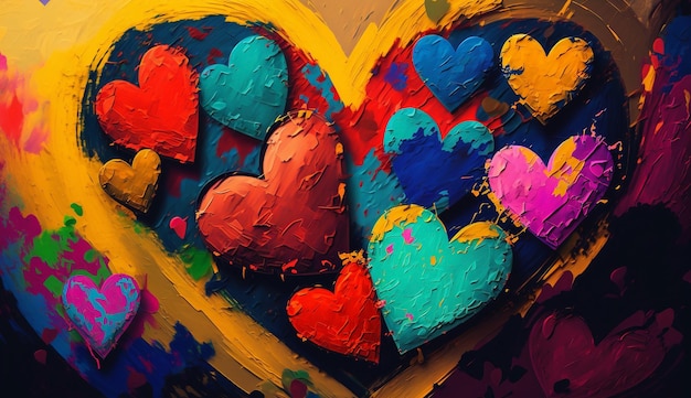 Photo background of beautiful colored hearts in oil painting mother's day valentine's day