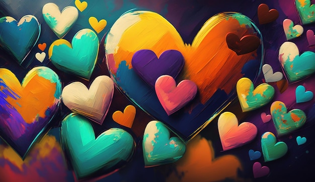 Background of beautiful colored hearts in oil painting mother's day Valentine's day