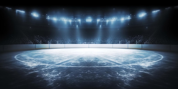 Photo background beautiful empty winter background and empty ice rink with lights spotlight shines on the rink bright lighting with spotlights generative ai