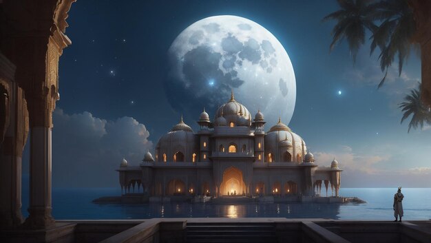 Photo background beautiful mosque with big moon night sky