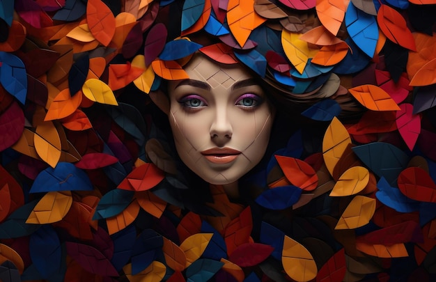Фон красивой женщины, окруженной красочными листьями, идеальная иллюстрация для представления осени.