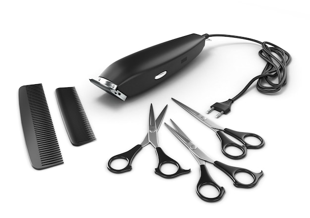 Background for beauty clippers scissors and combs are laid around on white