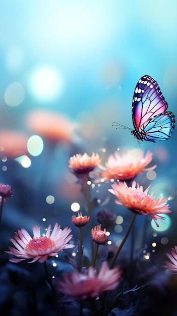 Background beauty flower design with butterfly and enchanting bokeh lights vertical mobile wallpaper