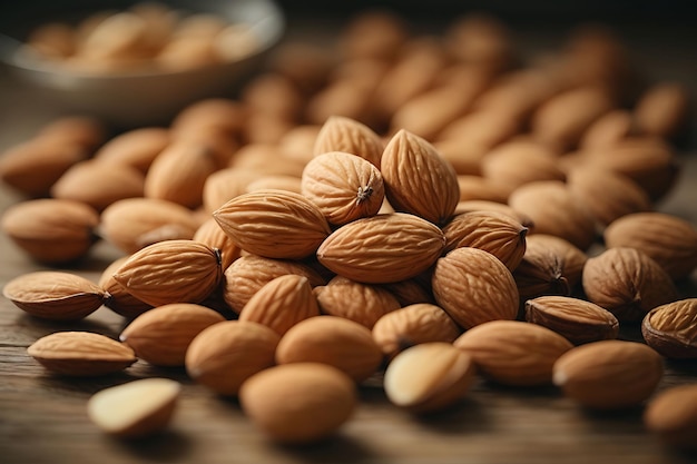 Photo background of big raw peeled almonds situated arbitrarily