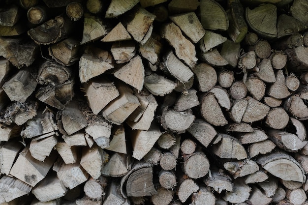 Background of birch logs stacked on top of each other Wall of stacked wood logs as background