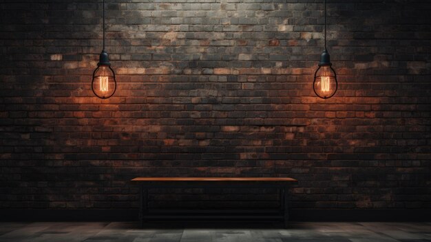 Photo the background of the black brick wall and the light of the lamp