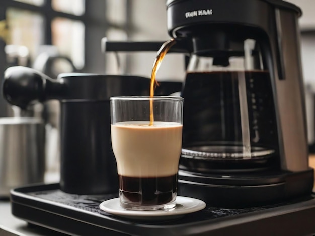 background Black coffee with milk in the coffee maker