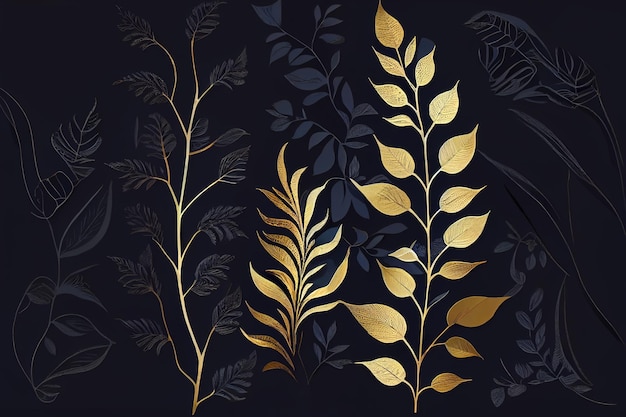 Фон с черными и золотыми листьями Генеративный AI
