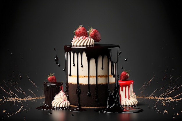 On a background of black there is a three chocolate cake with chocolate drips layered cake with strawberry decorated milk black and white chocolate souffle on top background of confections with c