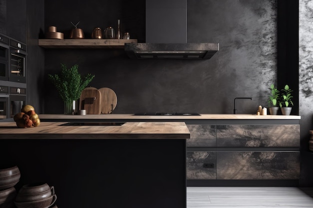 Background of a black wooden kitchen with a concrete countertop sink and oven product display mockup copy space