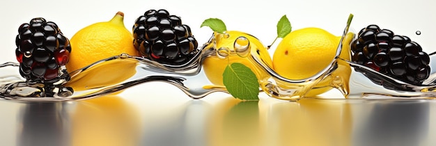 background of blackberries and lemons in liquid