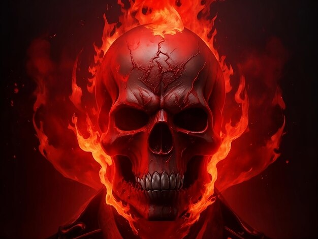 A background of blazing flames of dark bloody red color with a frightening bloody red skull