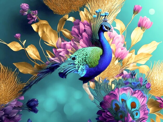 Background Blooming Flowers And Peacock Interior Mural Wall Wallpaper 3d Abstraction Ai Generative