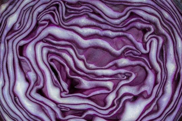 Background of the blue cabbage in the cut macro photography Close up top view Texture raw purple cabbage