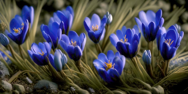 Background of blue crocuses closeup