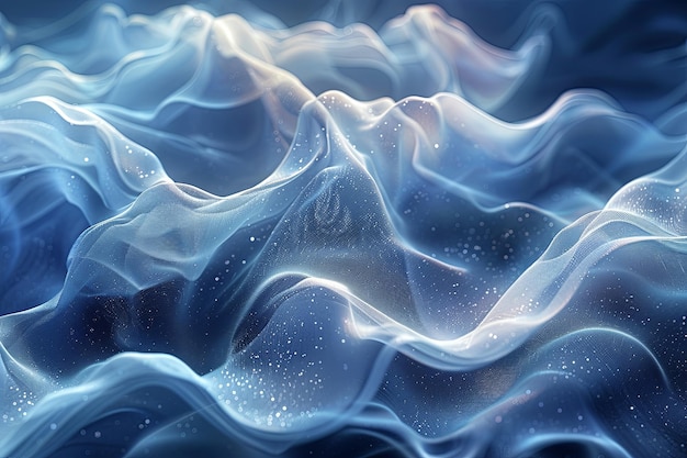 Background of blue and white abstract of a wave with white dots that are scattered throughout the image