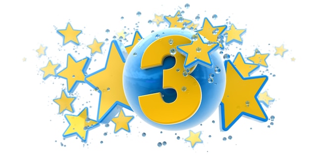 Background in blue and yellow colors with stars drops and spheres and the number three