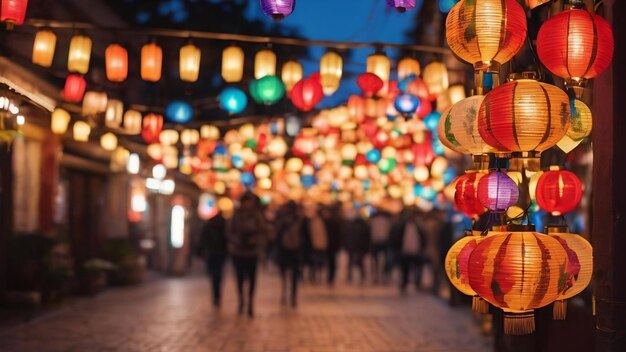 Background blurred abstraction of colored lanterns and decorations bokeh texture of street colored l