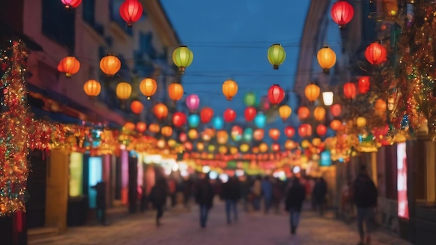 Background blurred abstraction of colored lanterns and decorations bokeh texture of street colored l