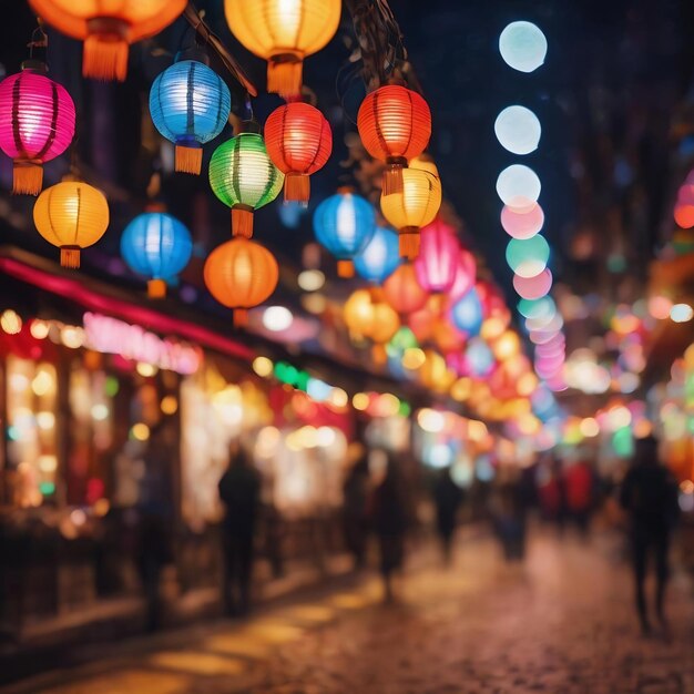 Background blurred abstraction of colored lanterns and decorations bokeh texture of street colored l