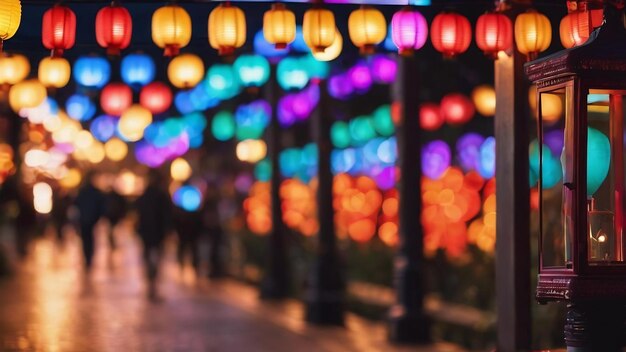 Background blurred abstraction of colored lanterns and decorations bokeh texture of street colored l