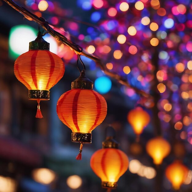 Background blurred abstraction of colored lanterns and decorations