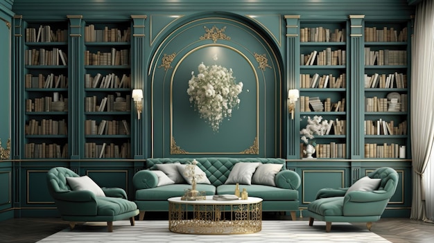 The background of the bookcases is in Sea Green color
