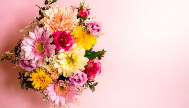 background bouquet of colorful flowers top view fashionable art light pink colors wallpaper