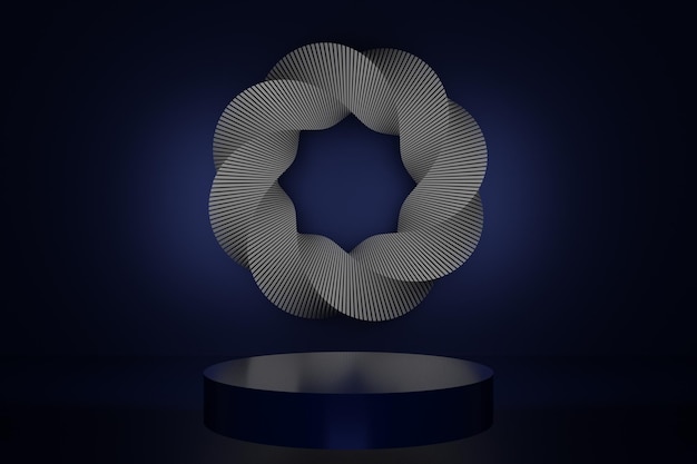 Background for branding and product presentationMobius torus made of circle podium with subtle circular geometric patterndark blue rendering with podium and blue wall scene 3d rendering illustration