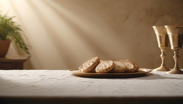 Photo background of bread on a plate on a table with two golden chalices with rays of light and b