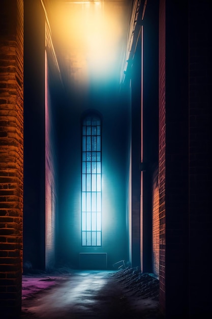 Background brick wall with duotone neon lights Gothic crumbling cement industrial building