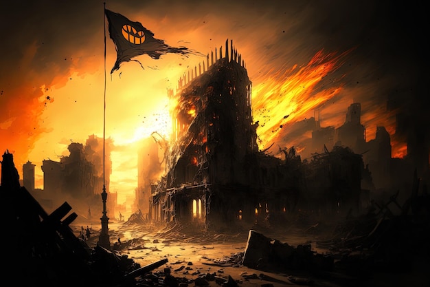 Background of a burning city with ruins and a white flag