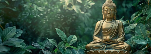 Photo a background of calm and tranquilly with a lone golden buddha statue surrounded by lush vegetation