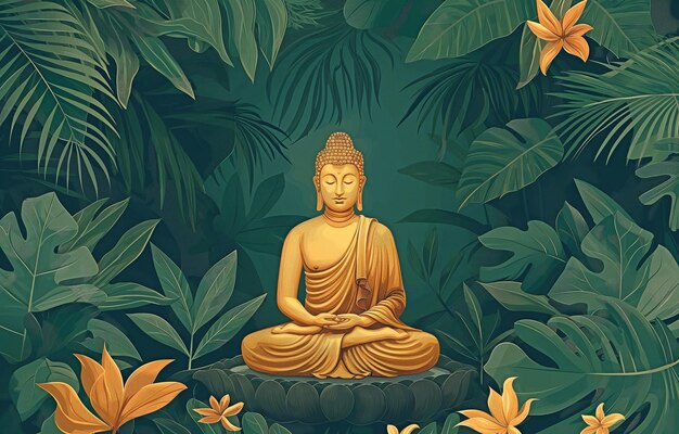 A background of calm and tranquilly with a lone golden Buddha statue surrounded by lush vegetation