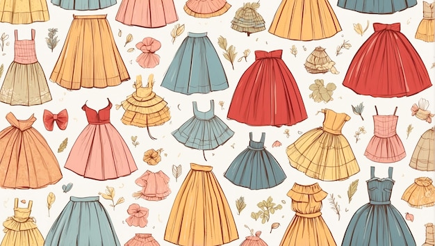 Background of casual dresses in repetition in illustration style Feminine outfits Seamless pattern