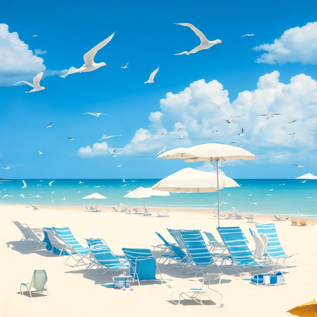 background of chairs and umbrellas on the sand of the beach in the background of blue sea an