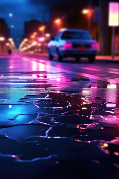 Background of city wet asphalt road with neon light blurred background generative ai