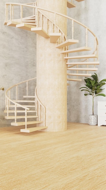 Background of clean and warm living room with spiral stairs 3d\
rendering